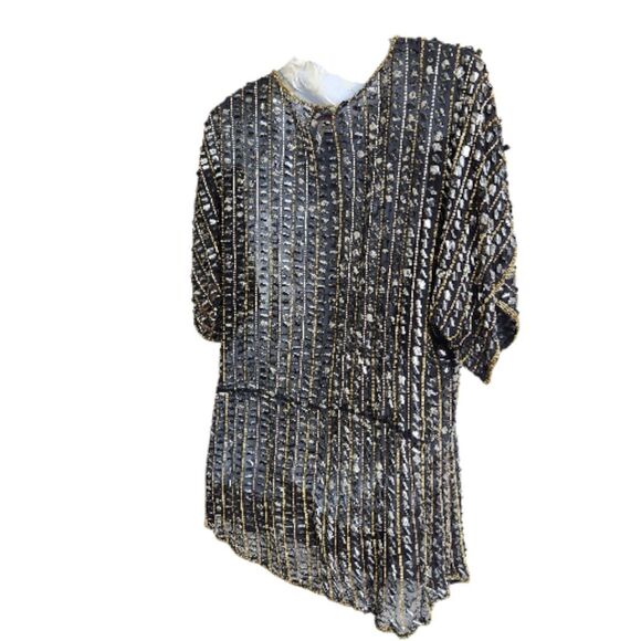 Parker NWT All Silk Hand Beaded Style Tunic/Dress-Art Deco-Black Gold-Flapper-S - Picture 8 of 15